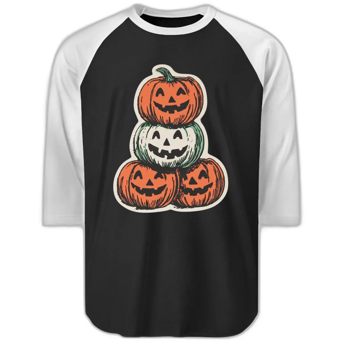 Stacked Halloween Jack-o'-Lanterns Trio Raglan 3/4 in Black White
