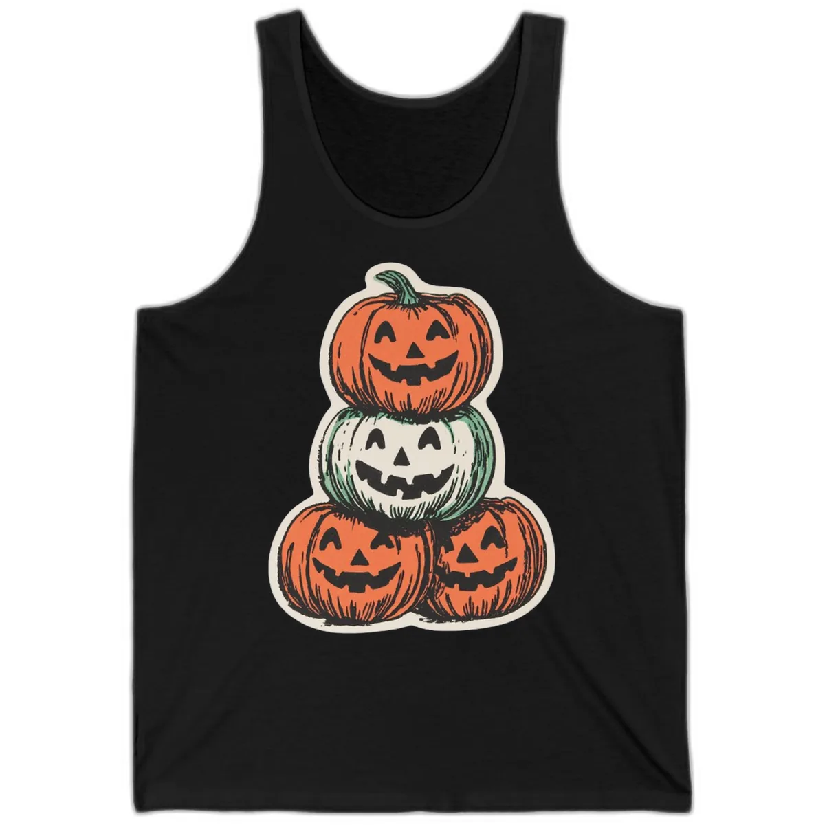 Stacked Halloween Jack-o'-Lanterns Trio Tank in Black