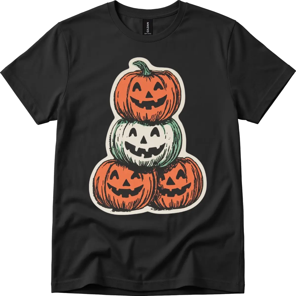 Stacked Halloween Jack-o'-Lanterns Trio T-Shirt in Black