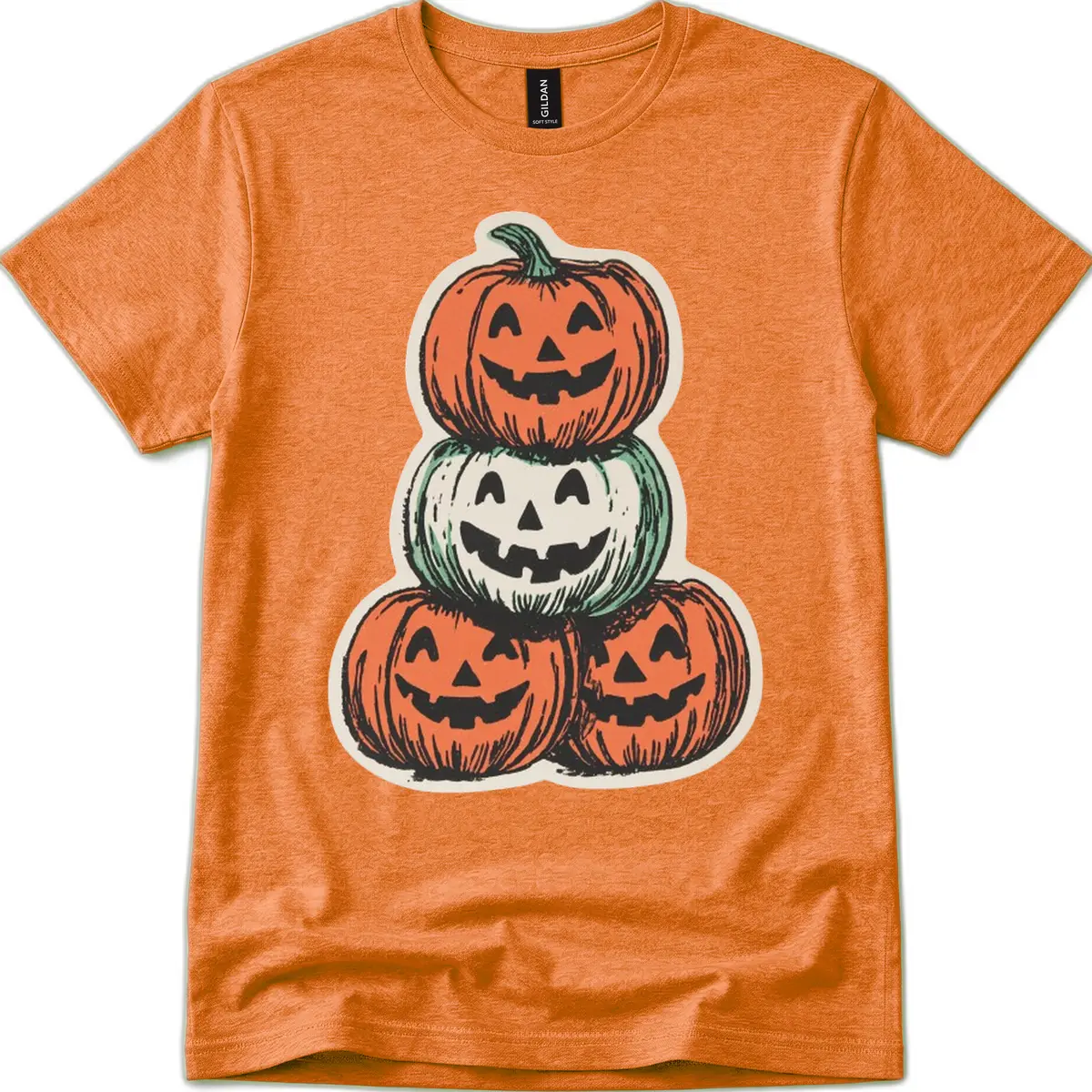Stacked Halloween Jack-o'-Lanterns Trio T-Shirt in Heather Orange