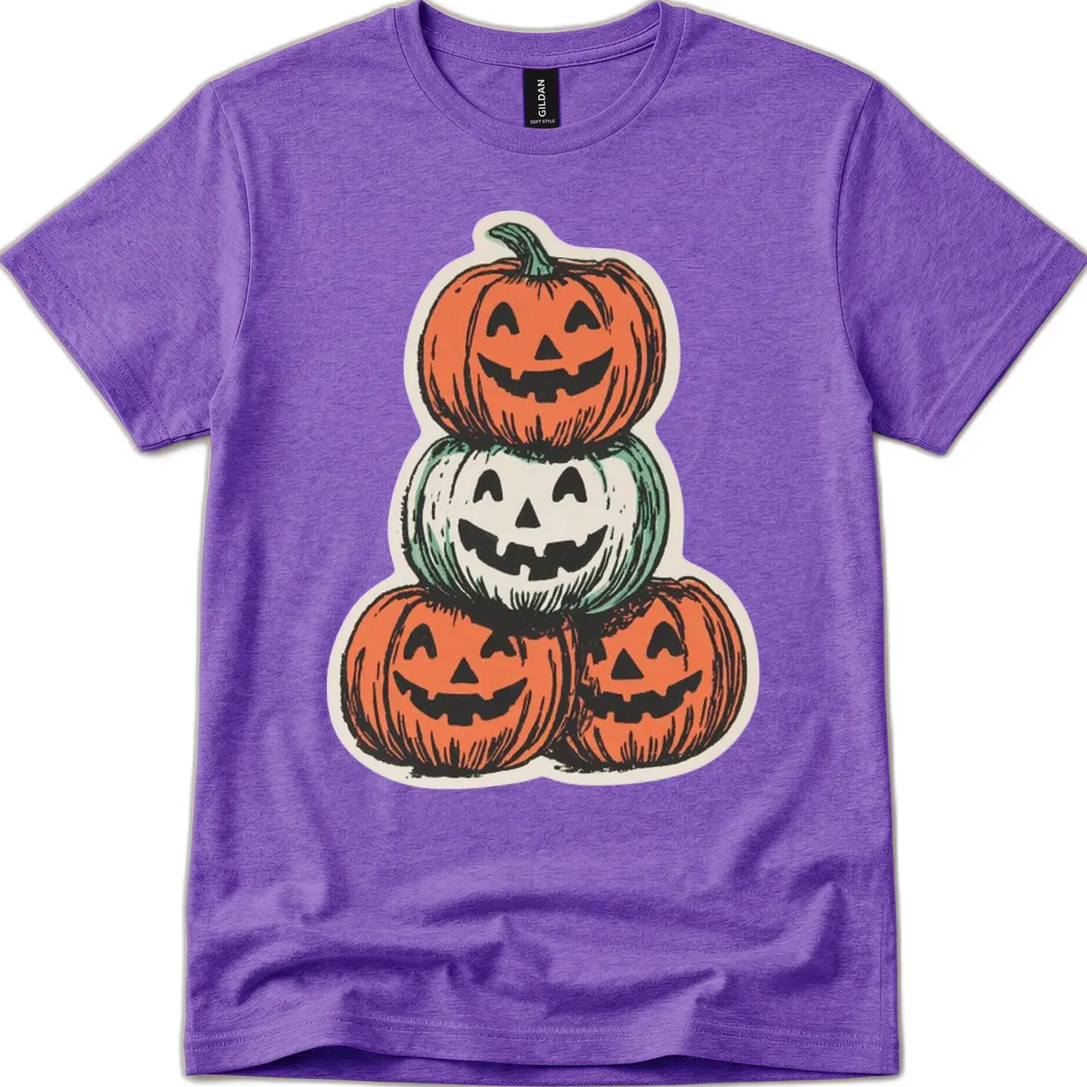 Stacked Halloween Jack-o'-Lanterns Trio T-Shirt in Heather Purple