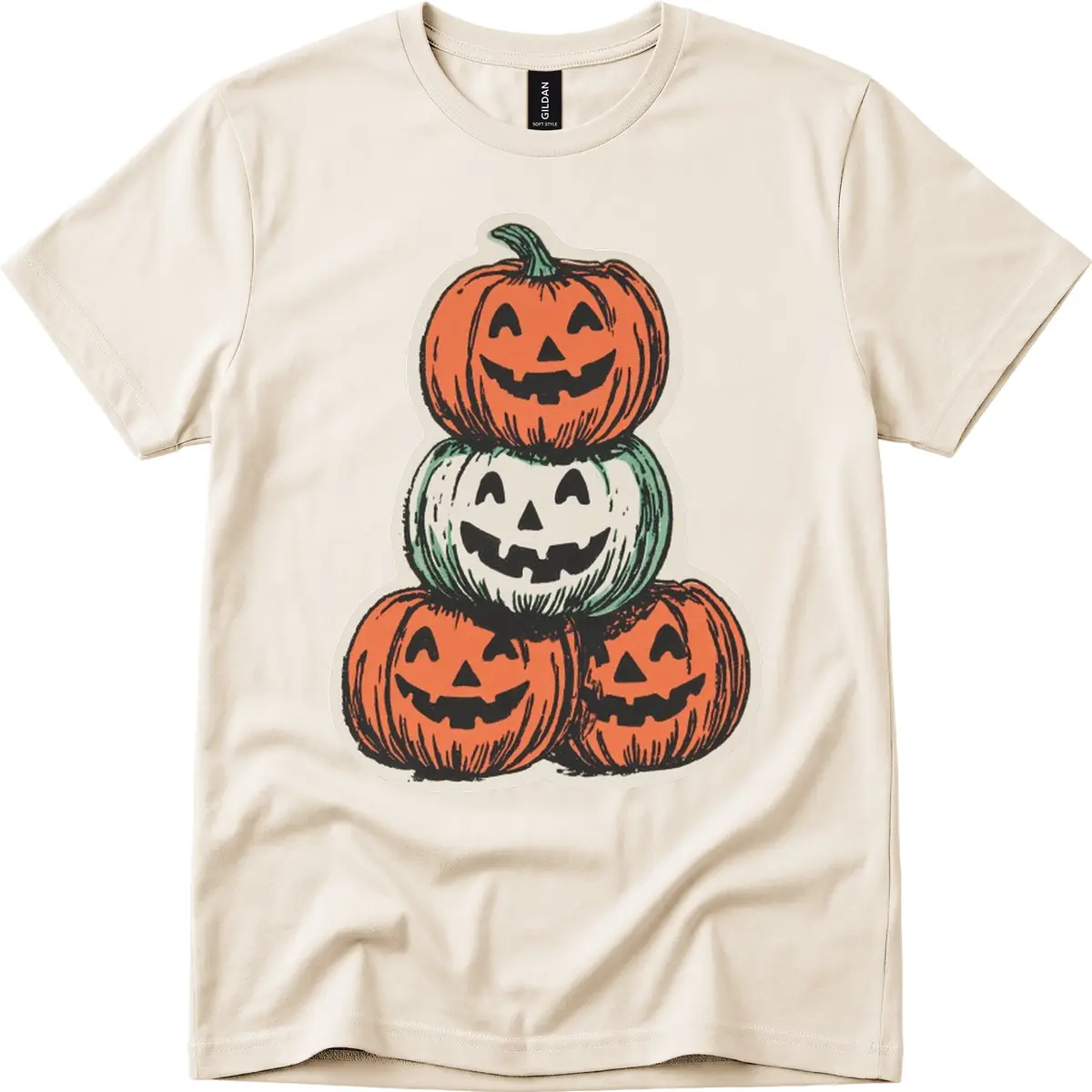 Stacked Halloween Jack-o'-Lanterns Trio T-Shirt in Natural