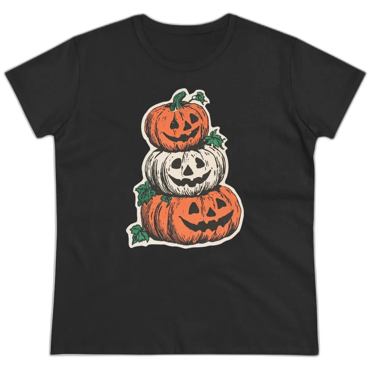 Stacked Halloween Jack-O'-Lanterns Ladies Tee in Black