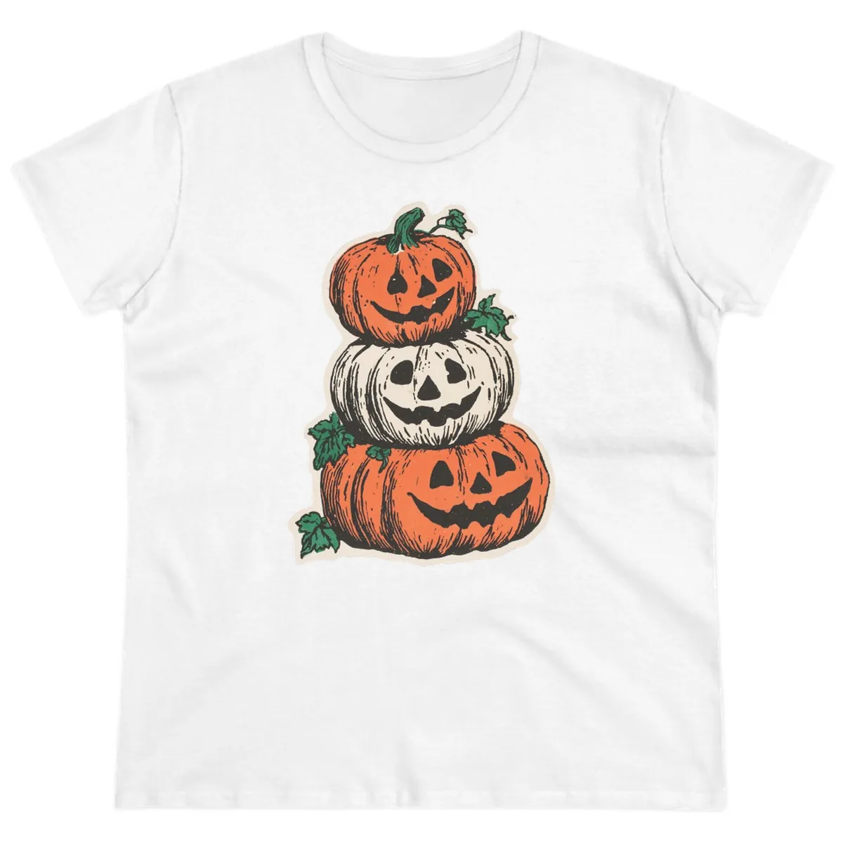Stacked Halloween Jack-O'-Lanterns Ladies Tee in White
