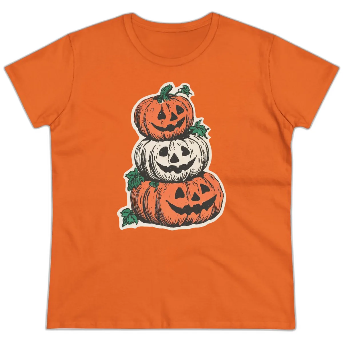 Stacked Halloween Jack-O'-Lanterns Ladies Tee in Orange