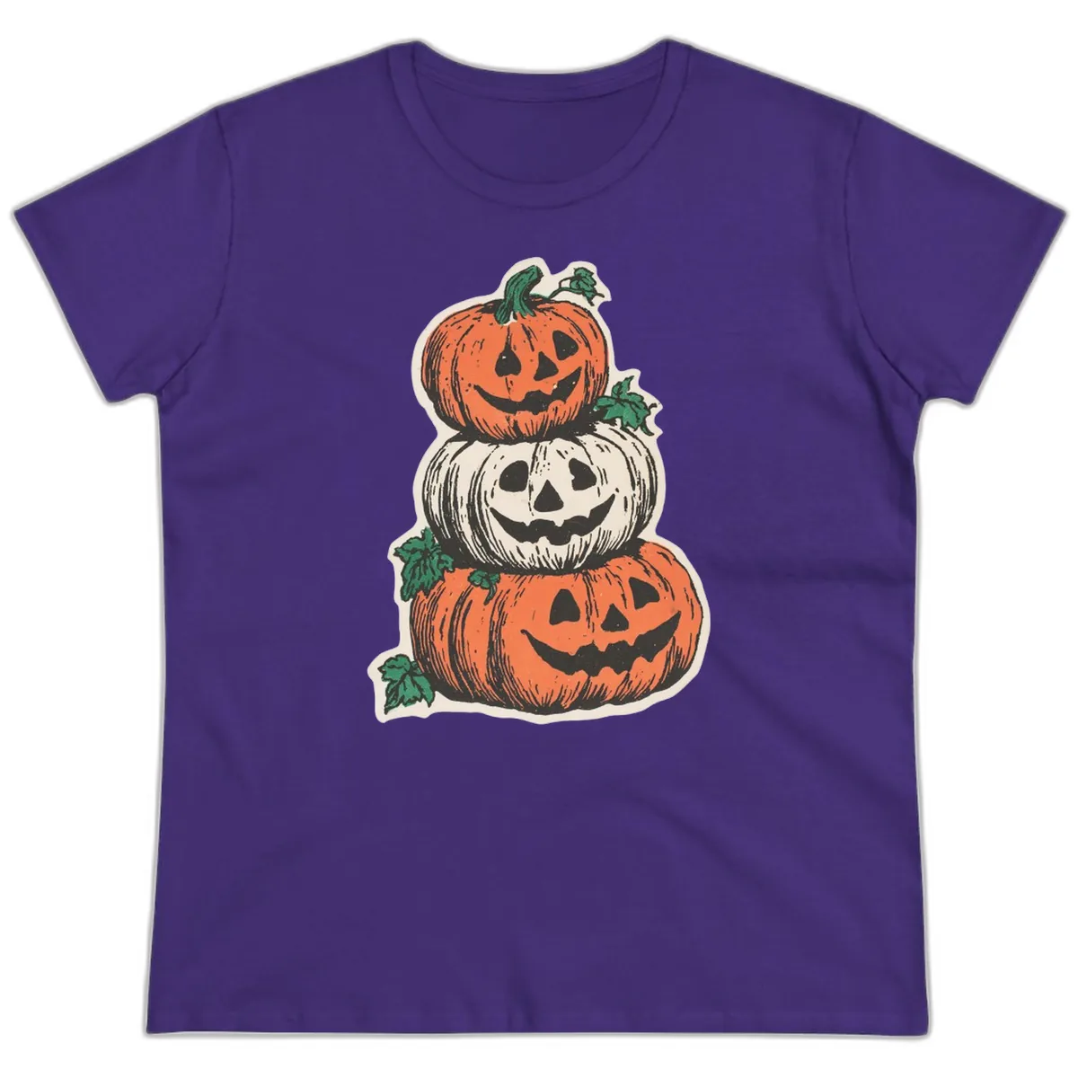 Stacked Halloween Jack-O'-Lanterns Ladies Tee in Purple