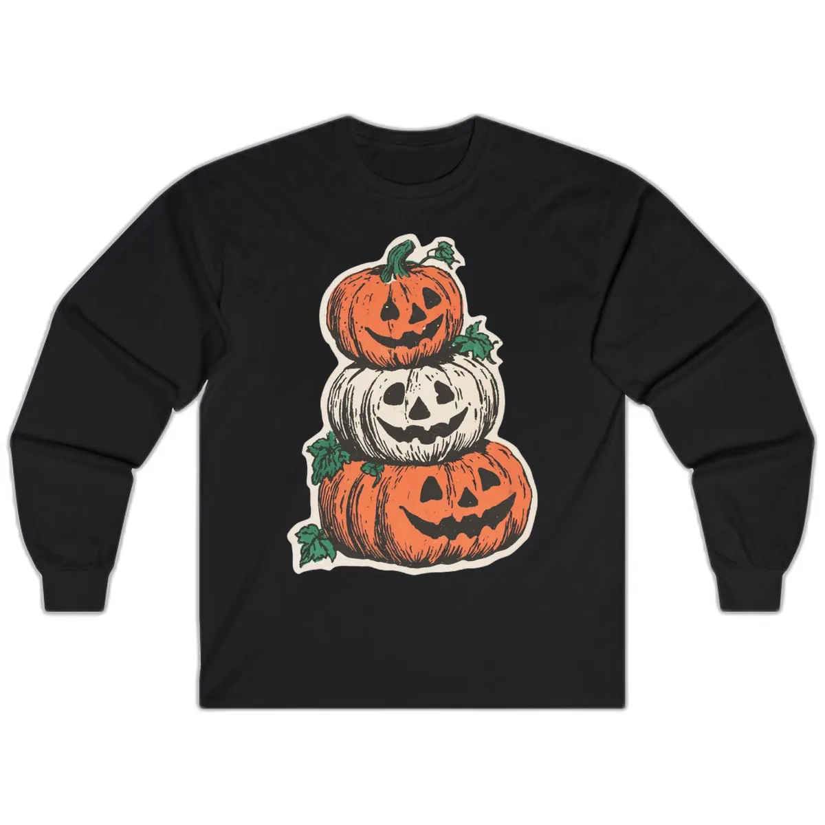 Stacked Halloween Jack-O'-Lanterns Long Sleeve in Black