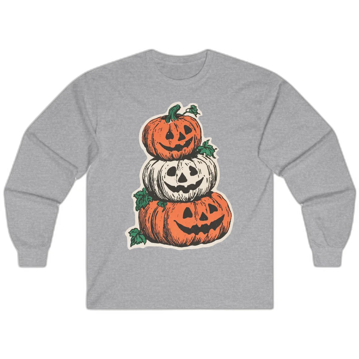 Stacked Halloween Jack-O'-Lanterns Long Sleeve in Sport Grey