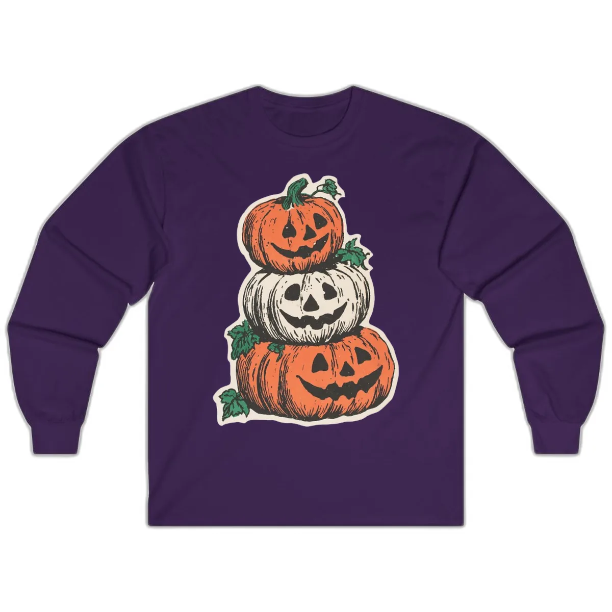 Stacked Halloween Jack-O'-Lanterns Long Sleeve in Purple
