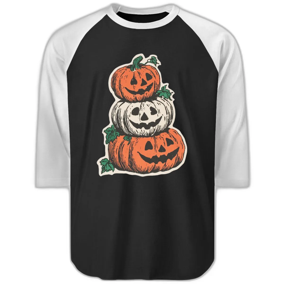 Stacked Halloween Jack-O'-Lanterns Raglan 3/4 in Black White