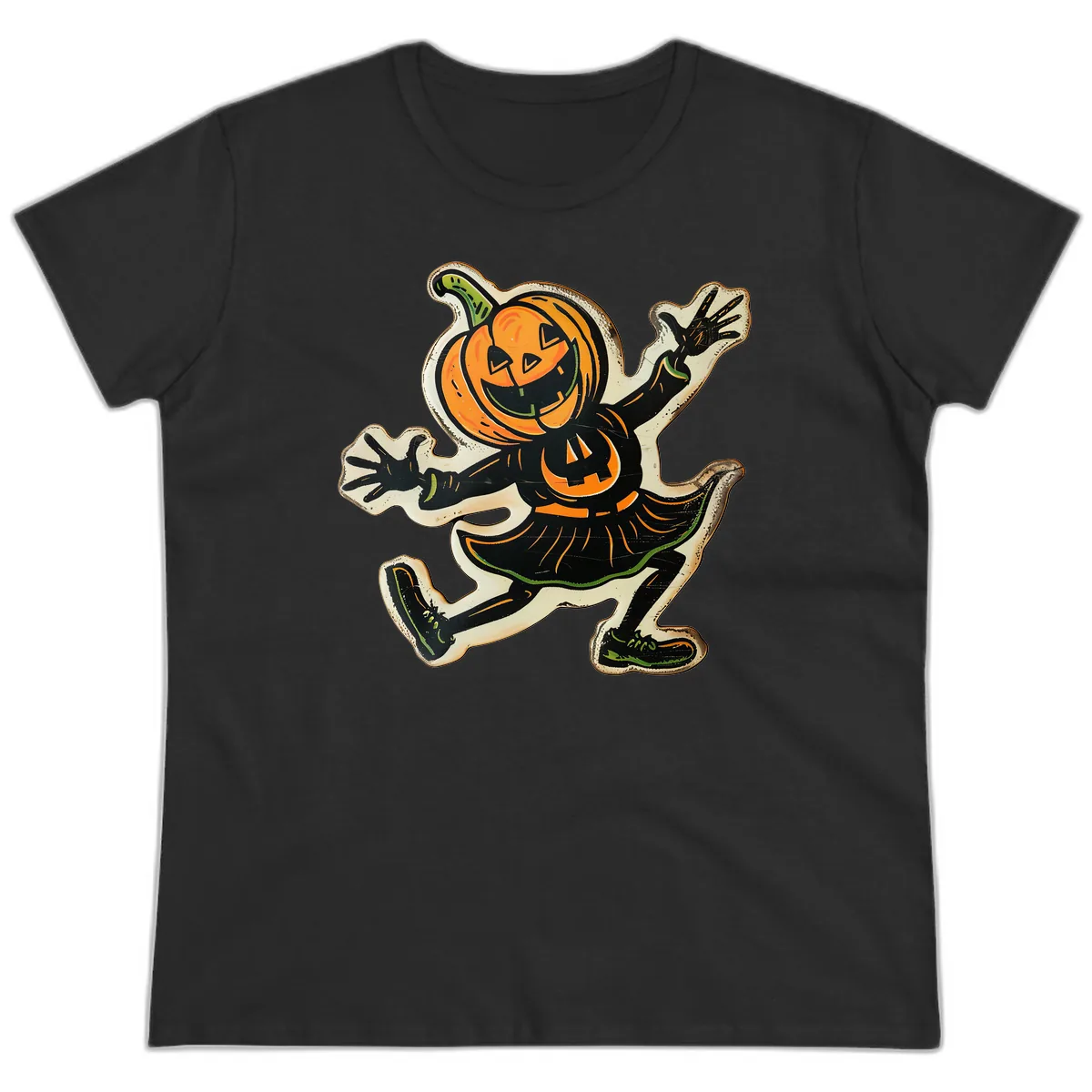 Jumping Jack O'Lantern Halloween Pal Ladies Tee in Black
