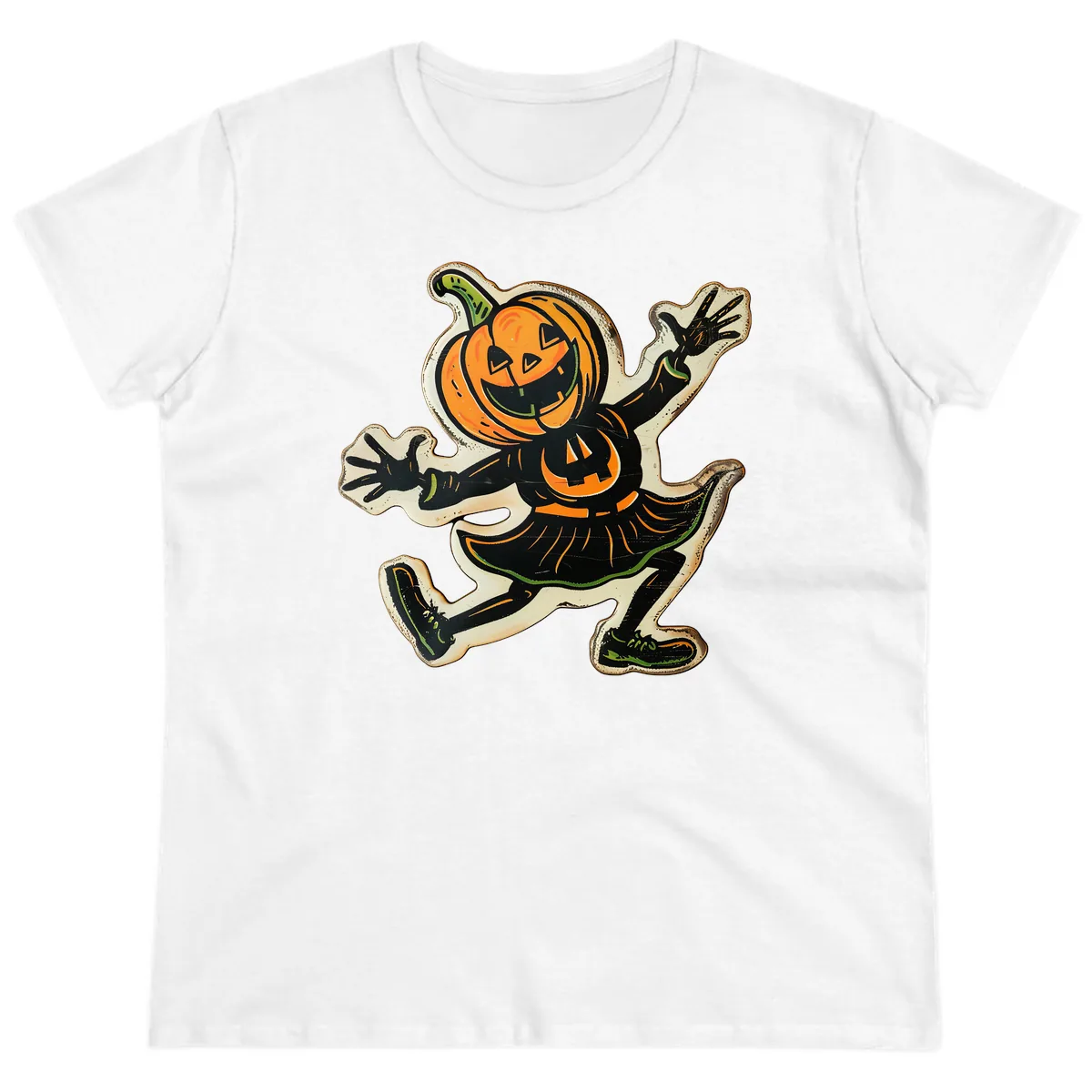 Jumping Jack O'Lantern Halloween Pal Ladies Tee in White