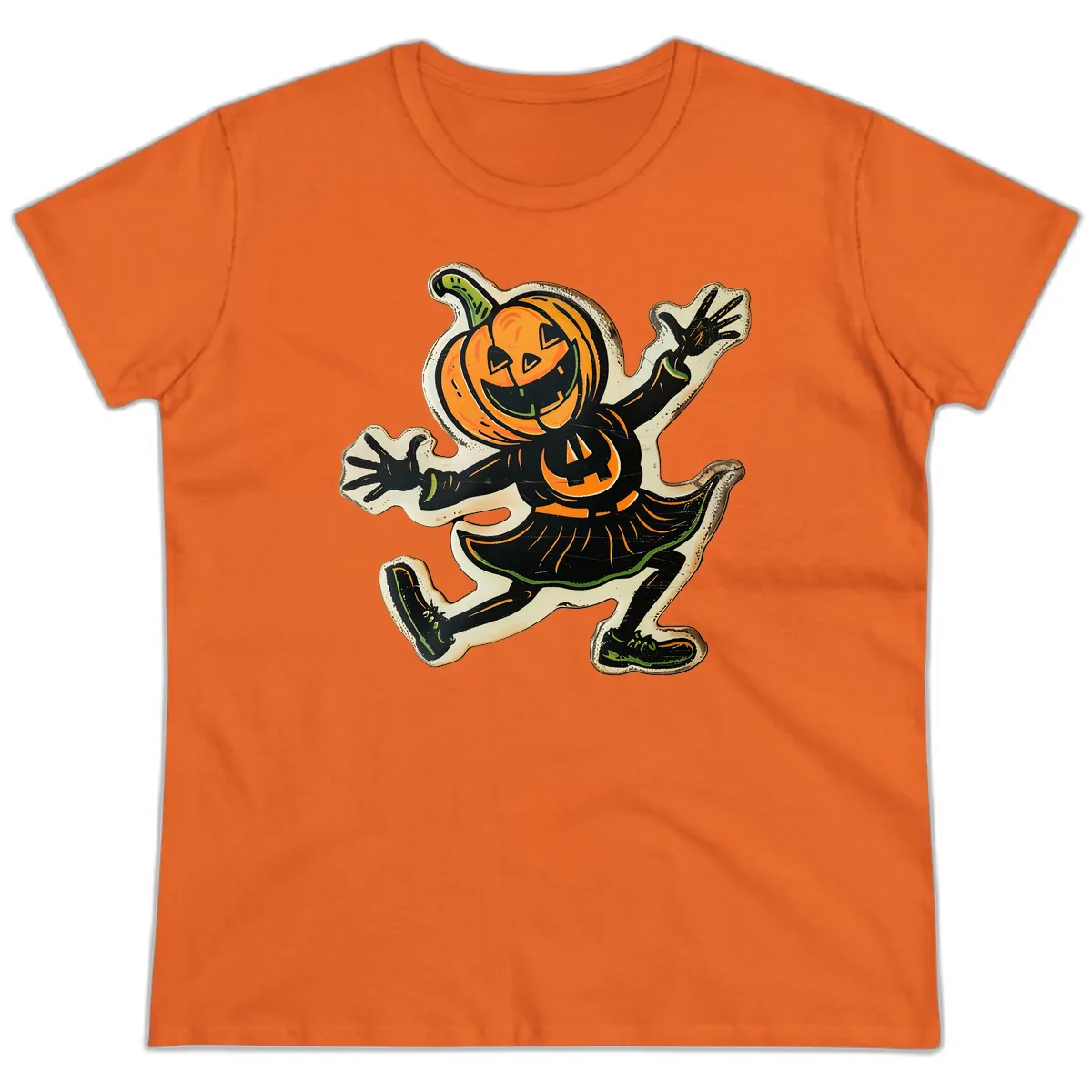Jumping Jack O'Lantern Halloween Pal Ladies Tee in Orange