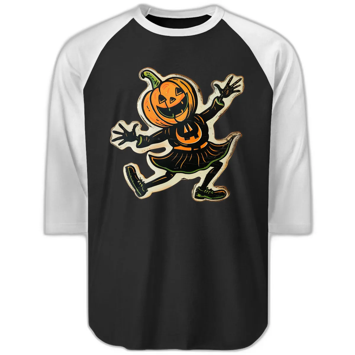 Jumping Jack O'Lantern Halloween Pal Raglan 3/4 in Black White