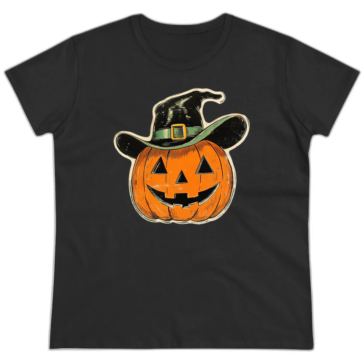 Halloween Witch Hat Pumpkin Pal Ladies Tee in Black