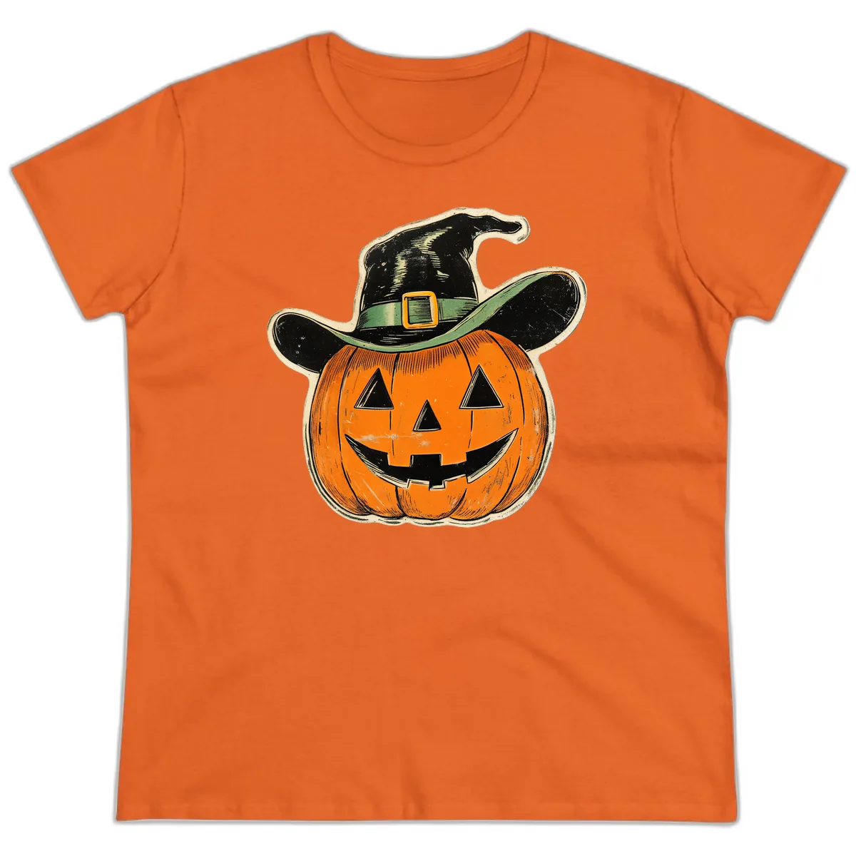 Halloween Witch Hat Pumpkin Pal Ladies Tee in Orange