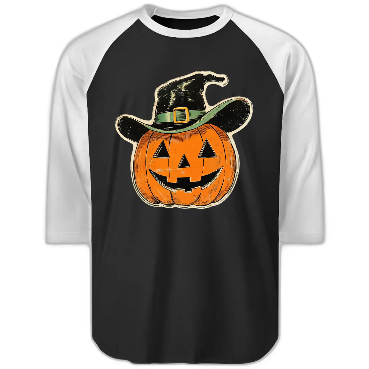 Halloween Witch Hat Pumpkin Pal Raglan 3/4 in Black White