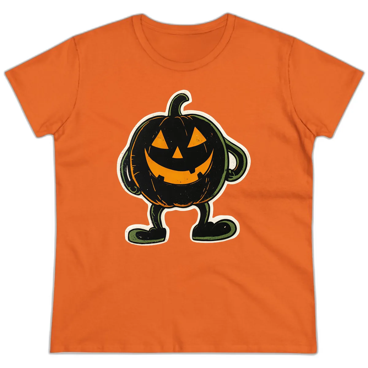 Spooky Grinning Jack-o'-Lantern Character Ladies Tee in Orange