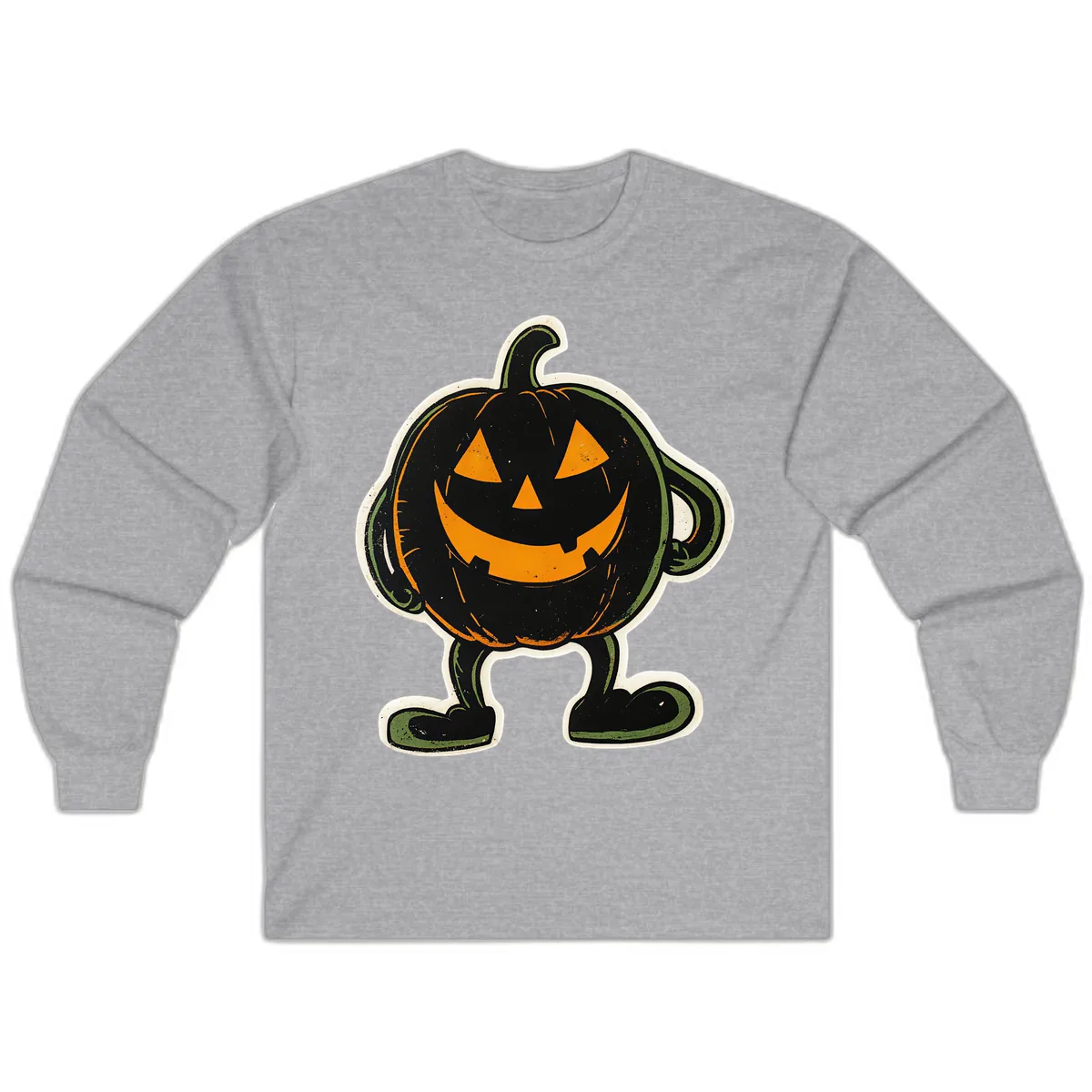 Spooky Grinning Jack-o'-Lantern Character Long Sleeve in Sport Grey