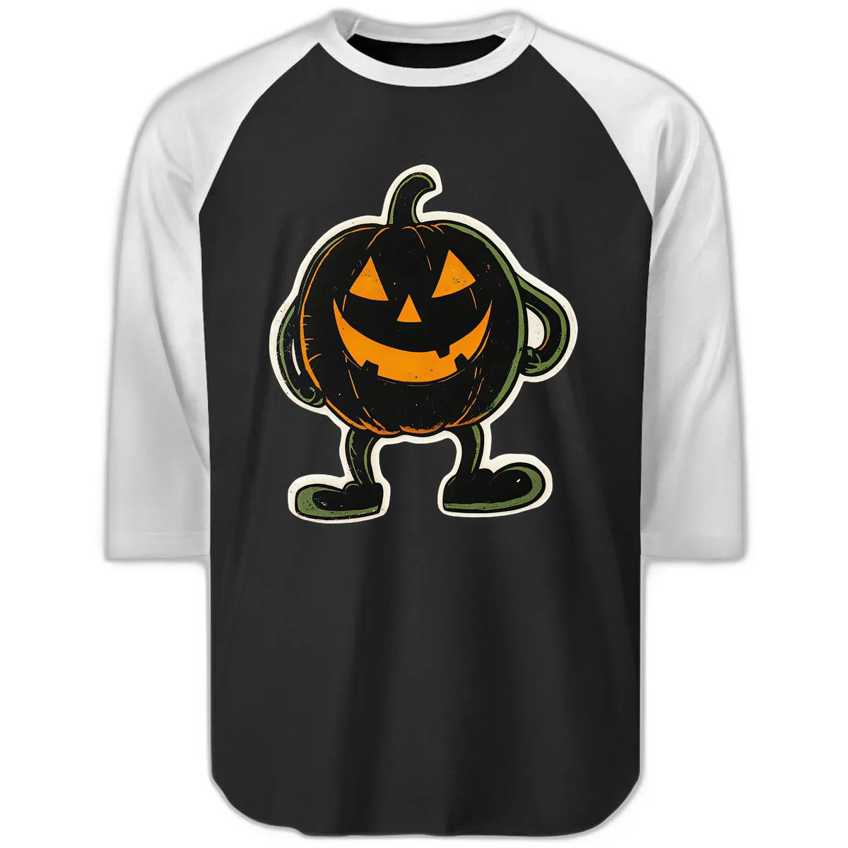 Spooky Grinning Jack-o'-Lantern Character Raglan 3/4 in Black White