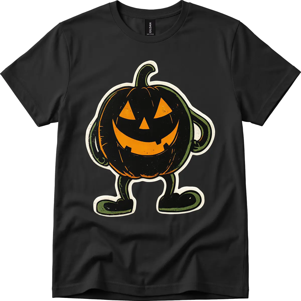 Spooky Grinning Jack-o'-Lantern Character T-Shirt in Black