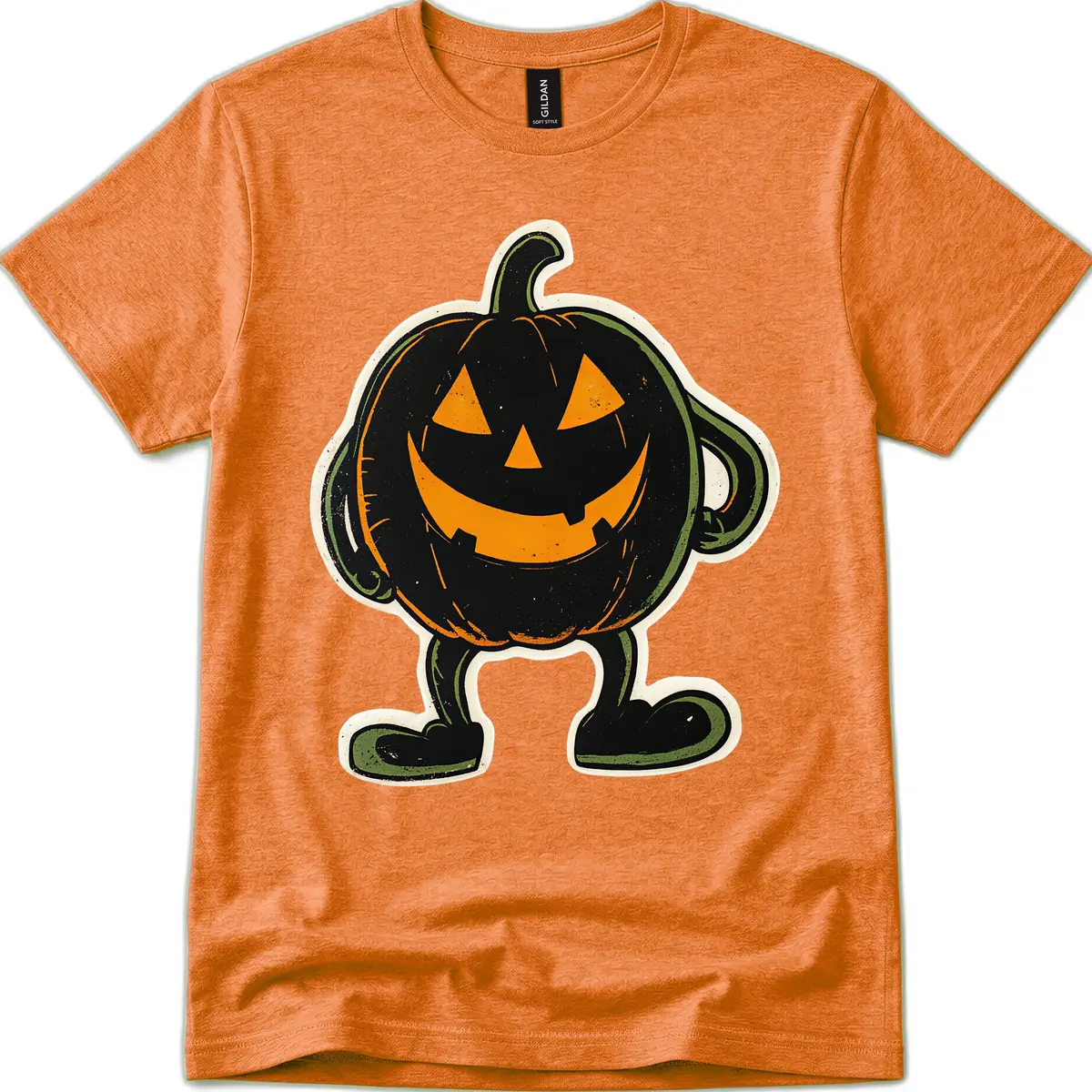 Spooky Grinning Jack-o'-Lantern Character T-Shirt in Heather Orange