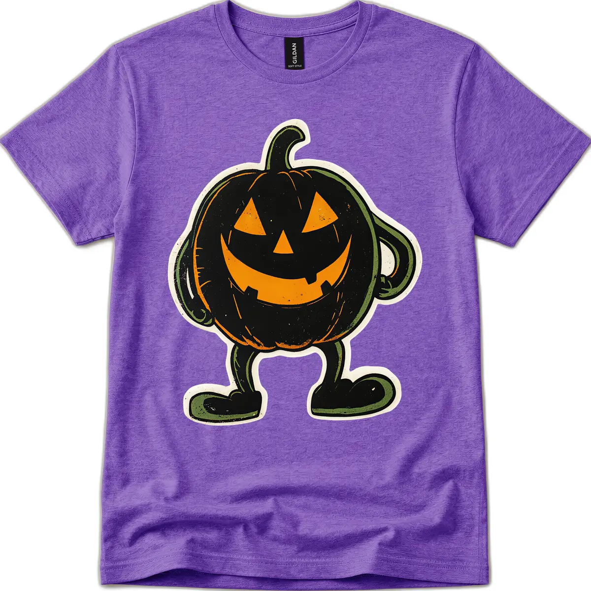 Spooky Grinning Jack-o'-Lantern Character T-Shirt in Heather Purple
