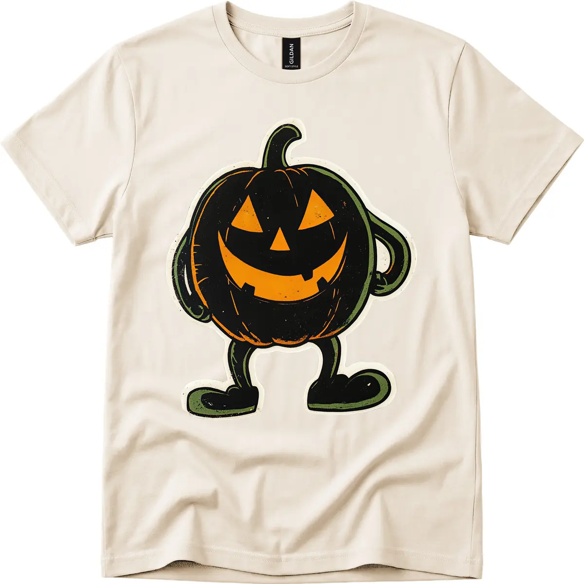 Spooky Grinning Jack-o'-Lantern Character T-Shirt in Natural