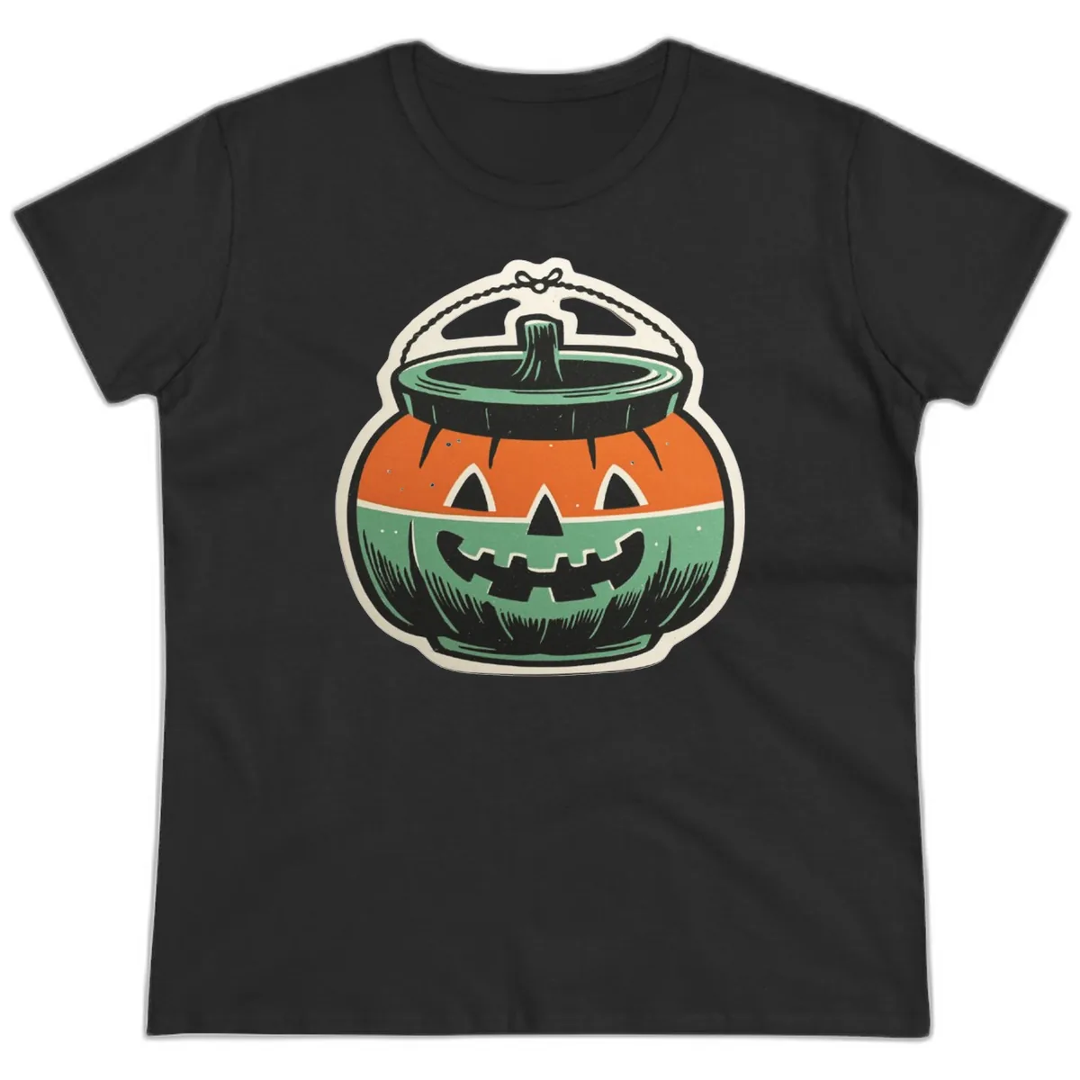 Vintage Jack O Lantern Candy Bucket Ladies Tee in Black