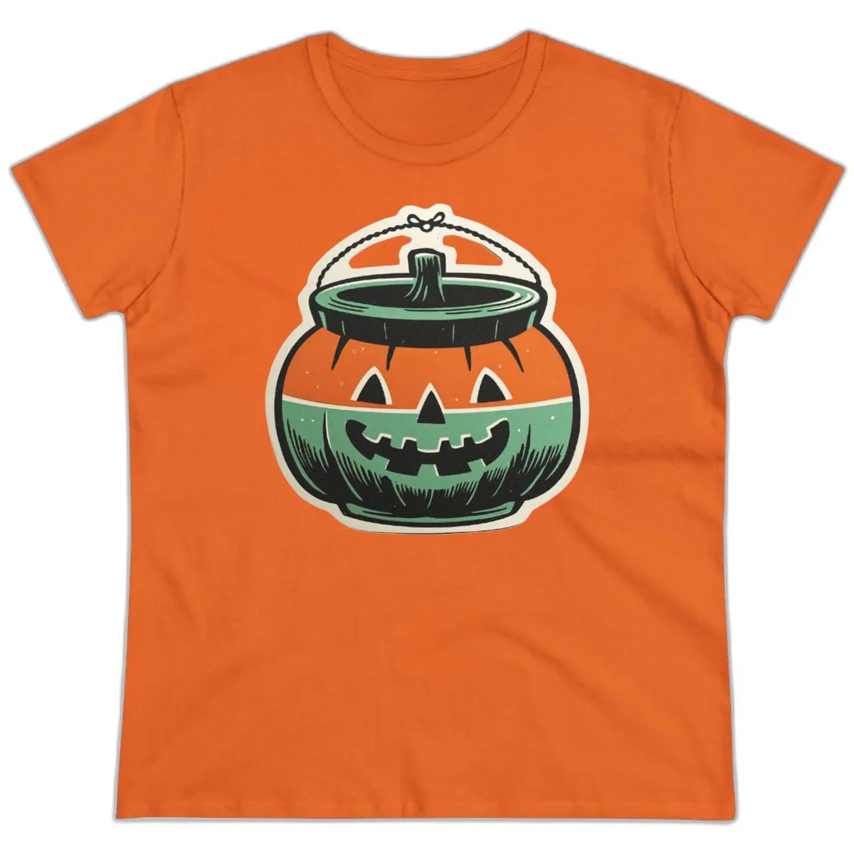 Vintage Jack O Lantern Candy Bucket Ladies Tee in Orange