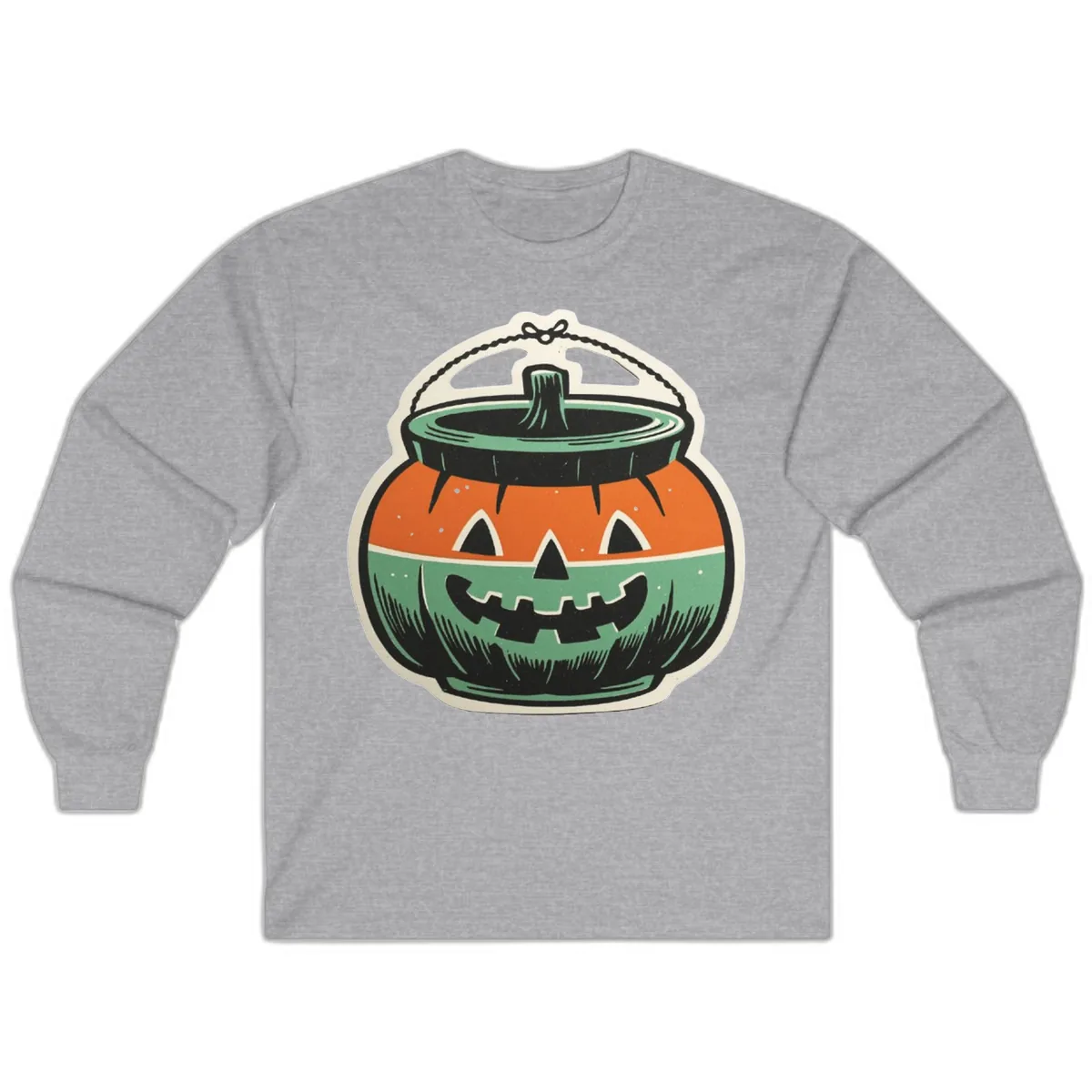 Vintage Jack O Lantern Candy Bucket Long Sleeve in Sport Grey