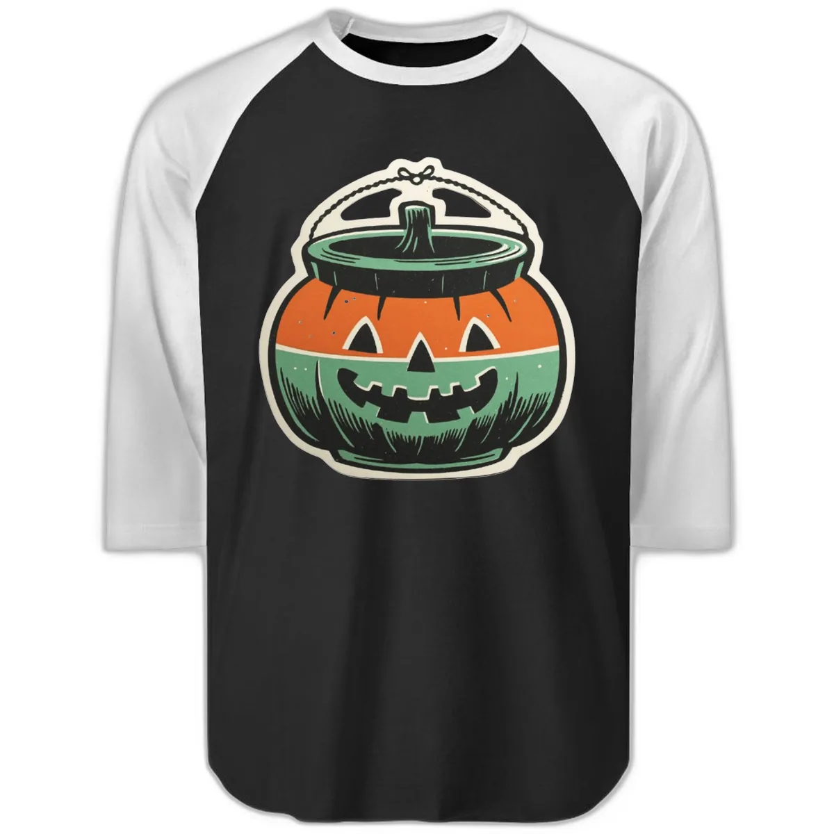 Vintage Jack O Lantern Candy Bucket Raglan 3/4 in Black White