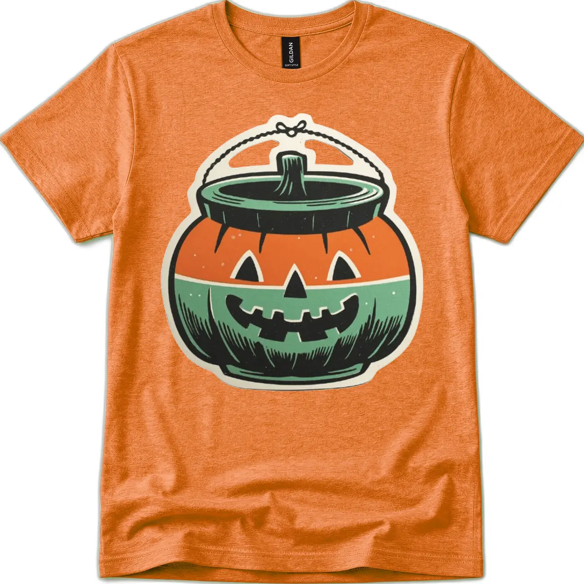 Vintage Jack O Lantern Candy Bucket T-Shirt in Heather Orange