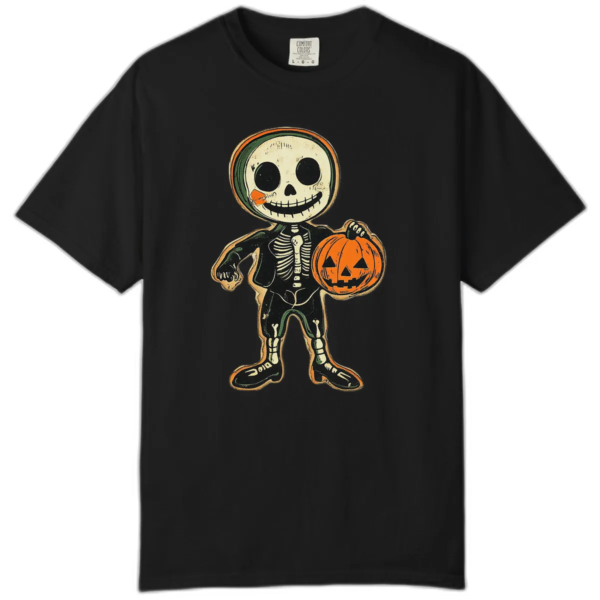 Skeleton Holding Pumpkin Comfort Color in Black