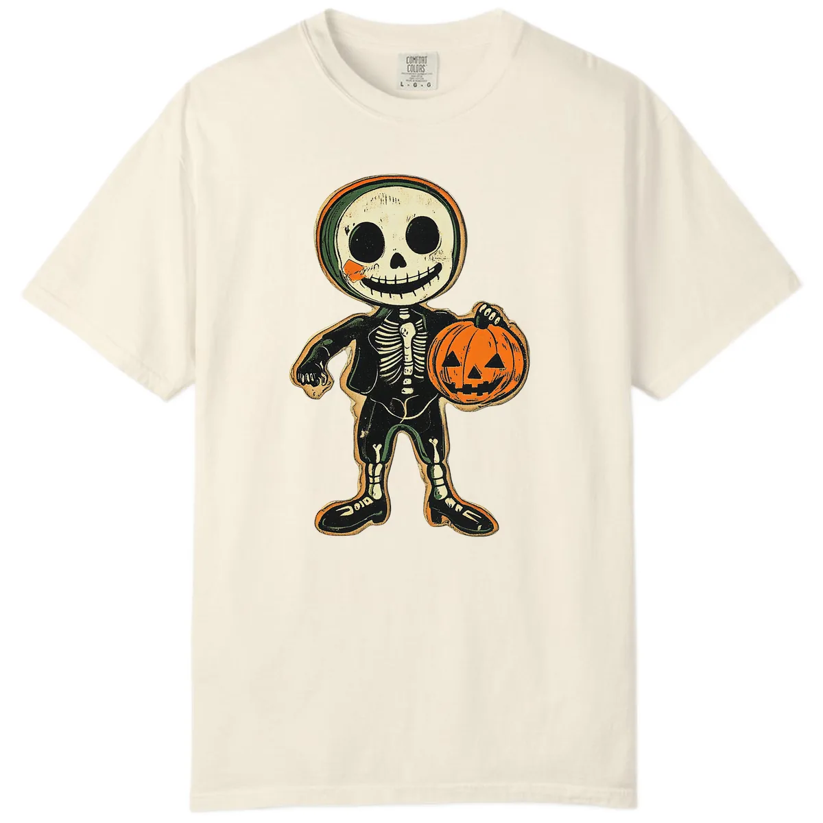 Skeleton Holding Pumpkin Comfort Color in Ivory
