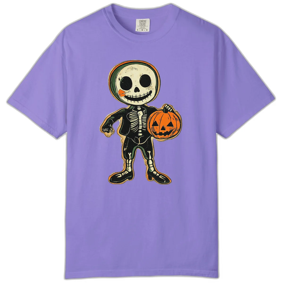 Skeleton Holding Pumpkin Comfort Color in Violet