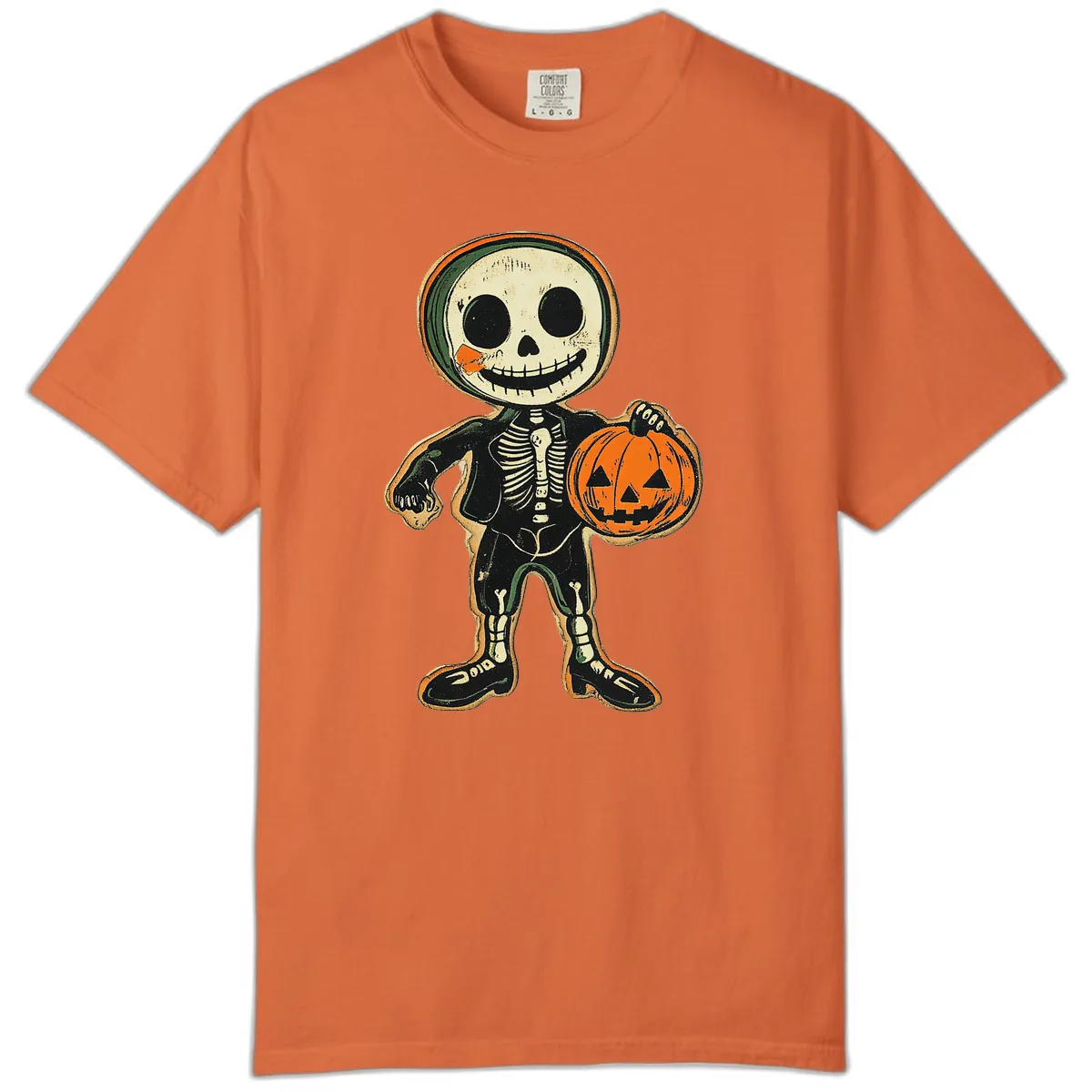 Skeleton Holding Pumpkin Comfort Color in Burnt Orange