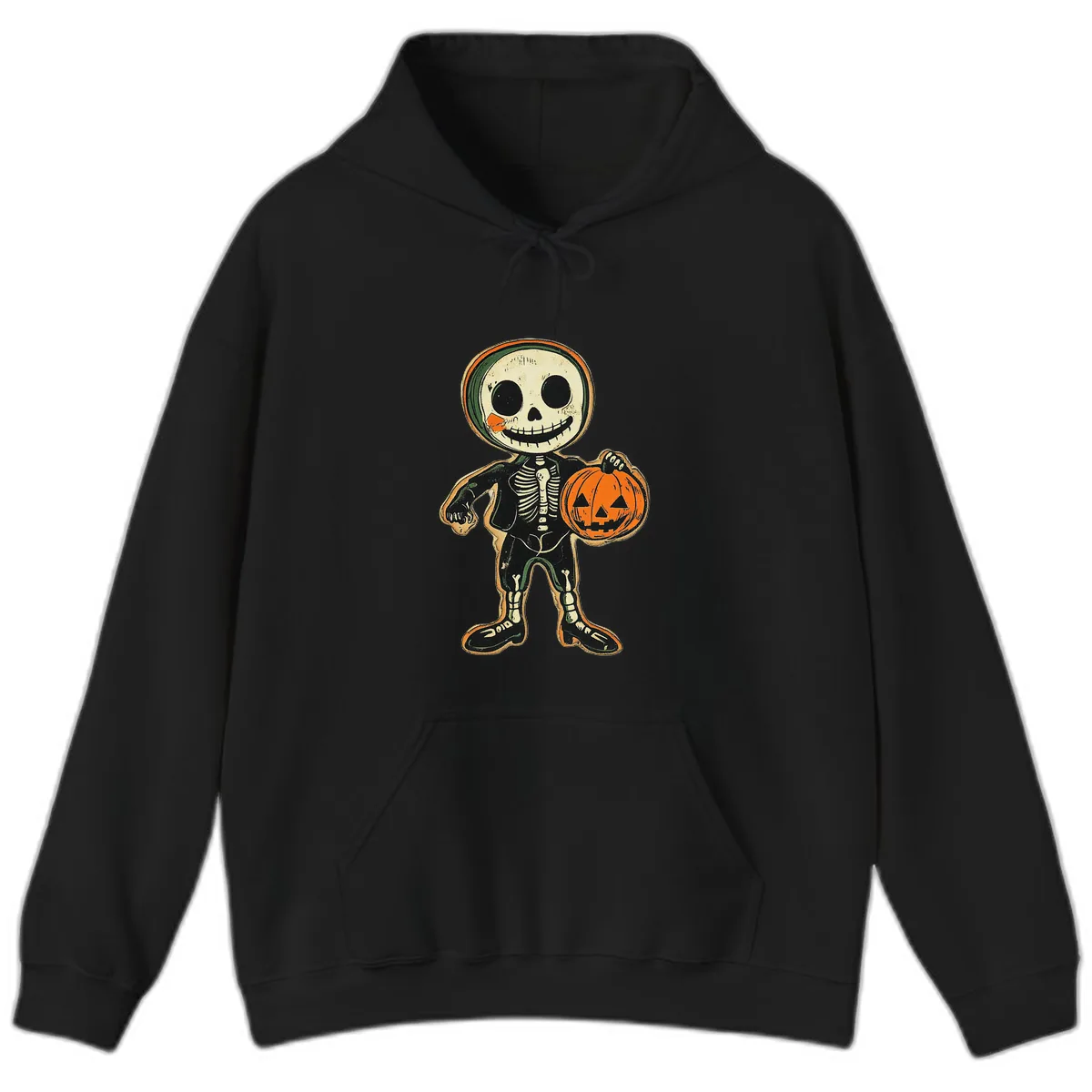 Skeleton Holding Pumpkin Hoodie in Black