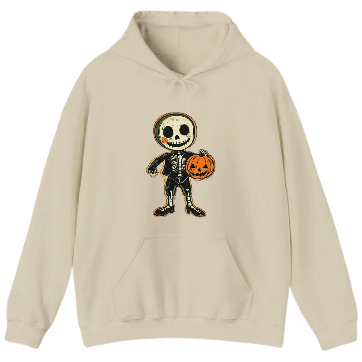 Skeleton Holding Pumpkin Hoodie in Sand