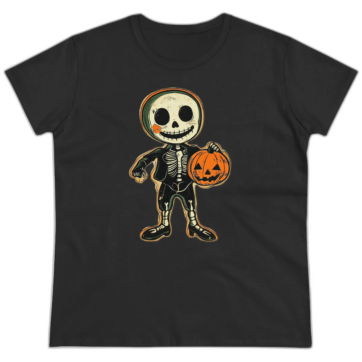 Skeleton Holding Pumpkin Ladies Tee in Black