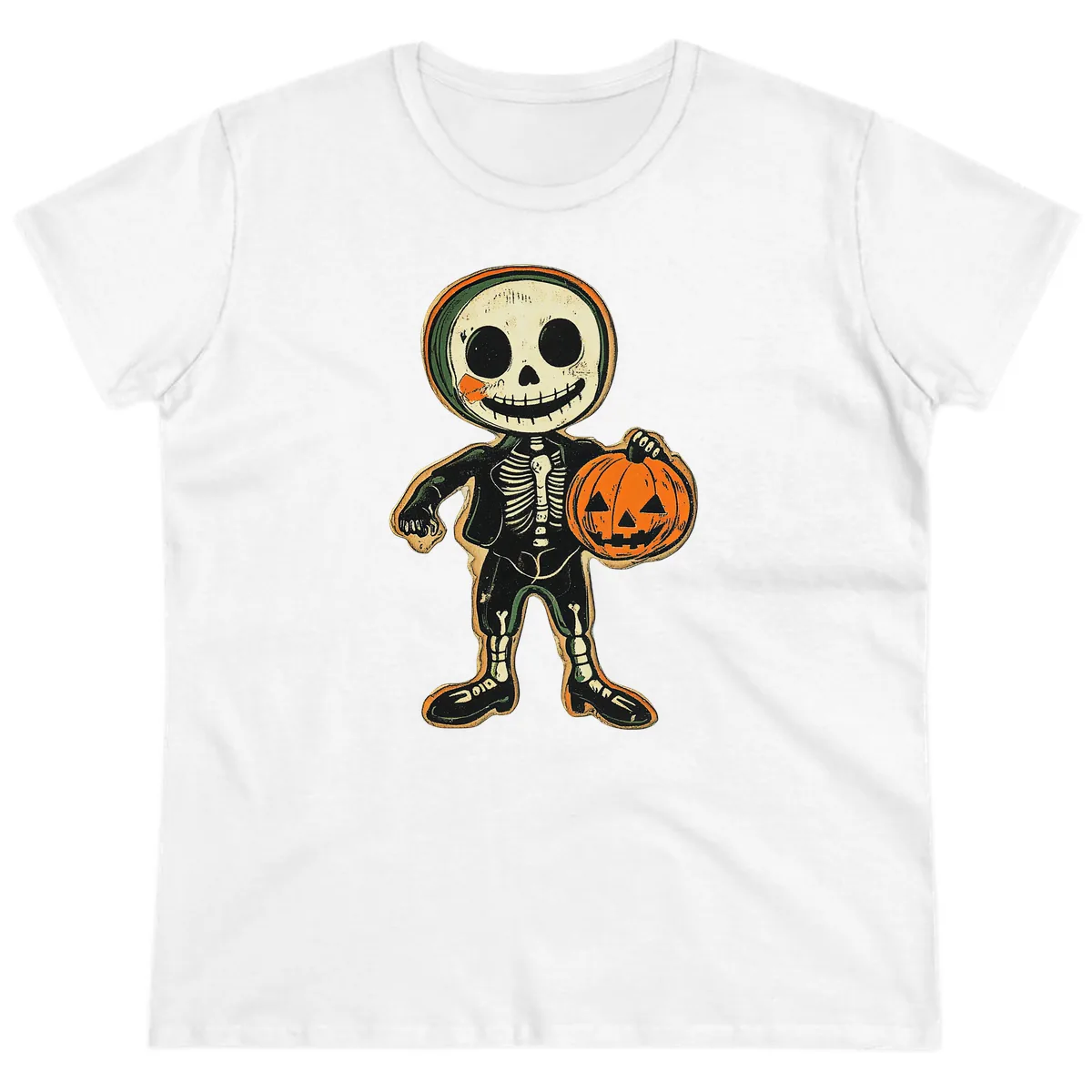 Skeleton Holding Pumpkin Ladies Tee in White