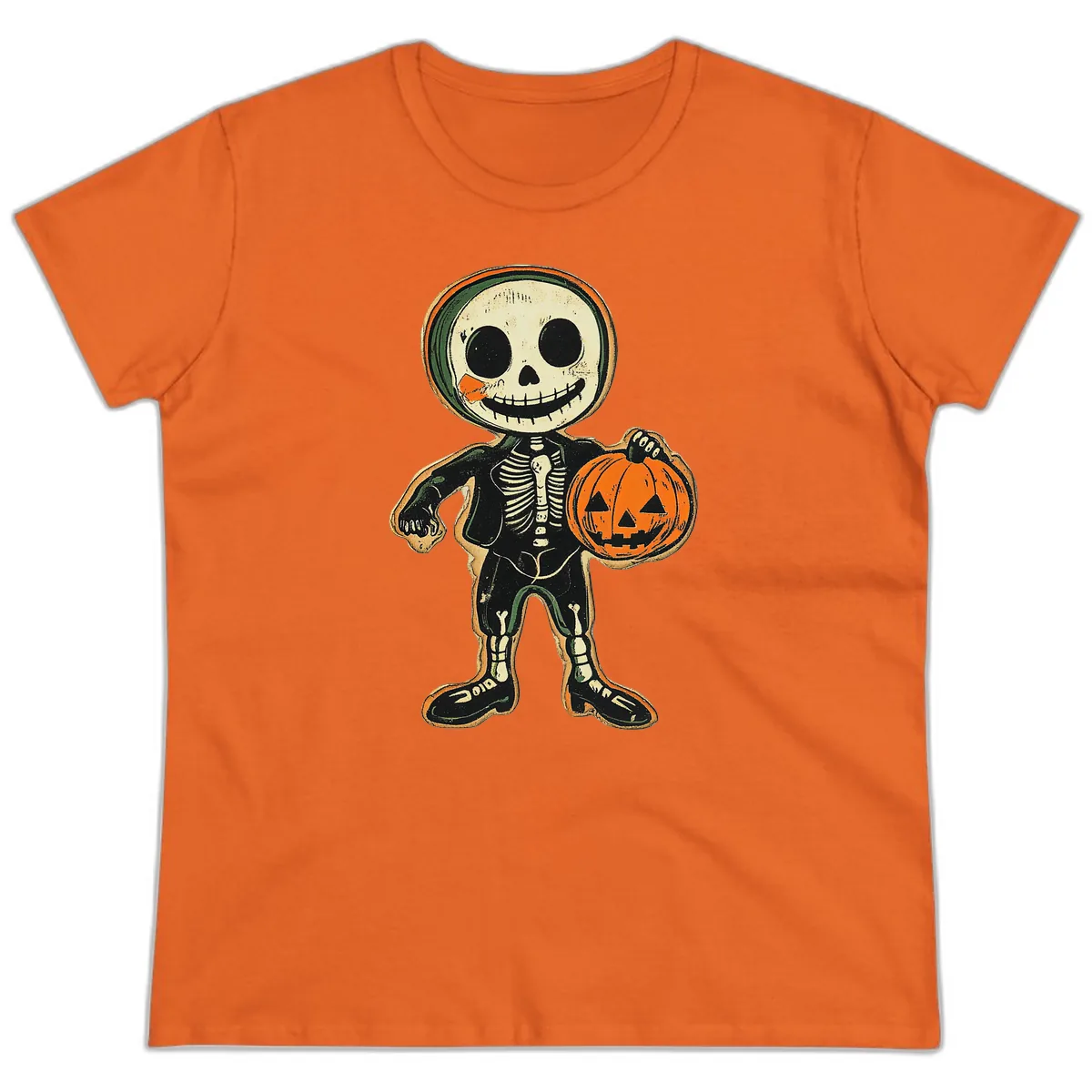 Skeleton Holding Pumpkin Ladies Tee in Orange