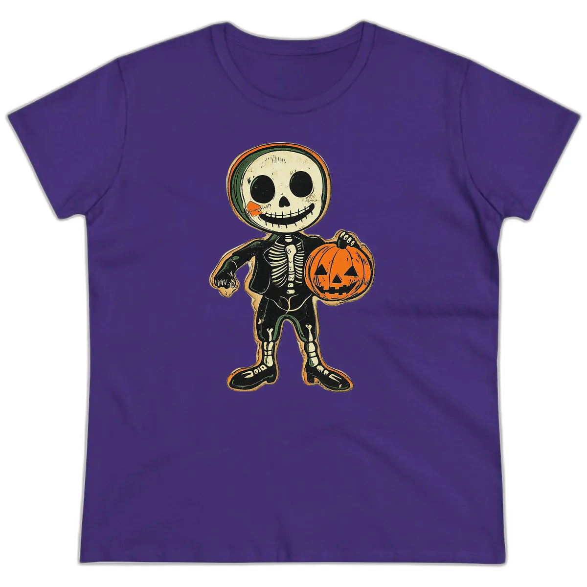 Skeleton Holding Pumpkin Ladies Tee in Purple