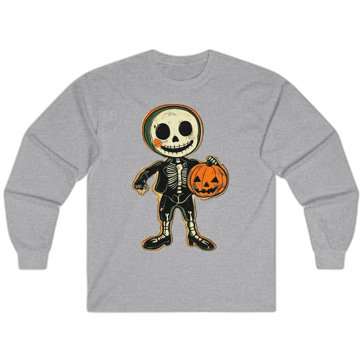 Skeleton Holding Pumpkin Long Sleeve in Sport Grey