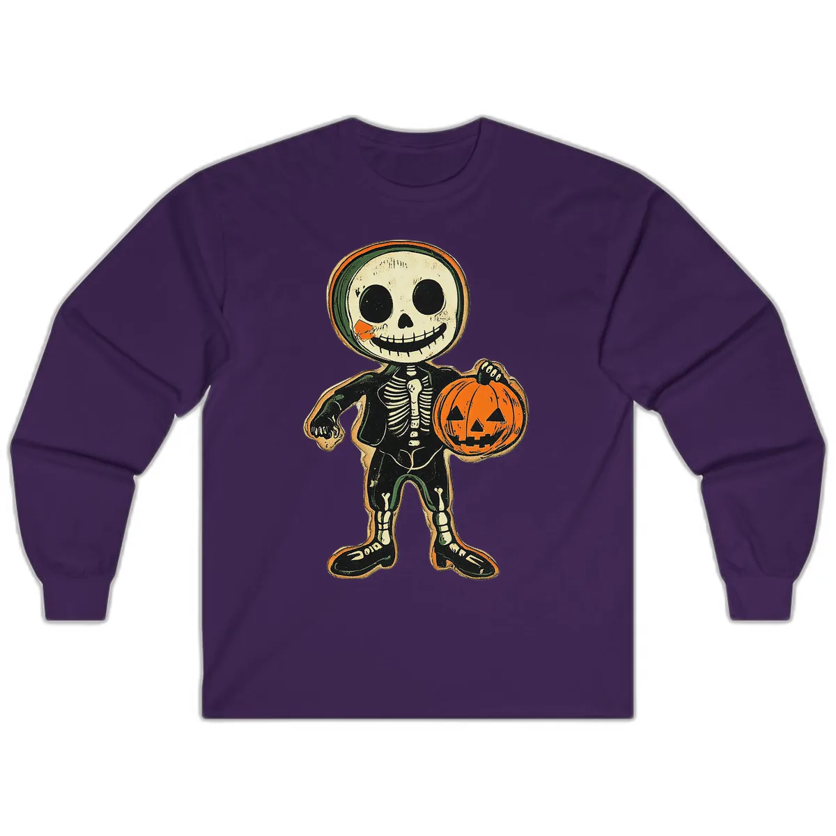 Skeleton Holding Pumpkin Long Sleeve in Purple