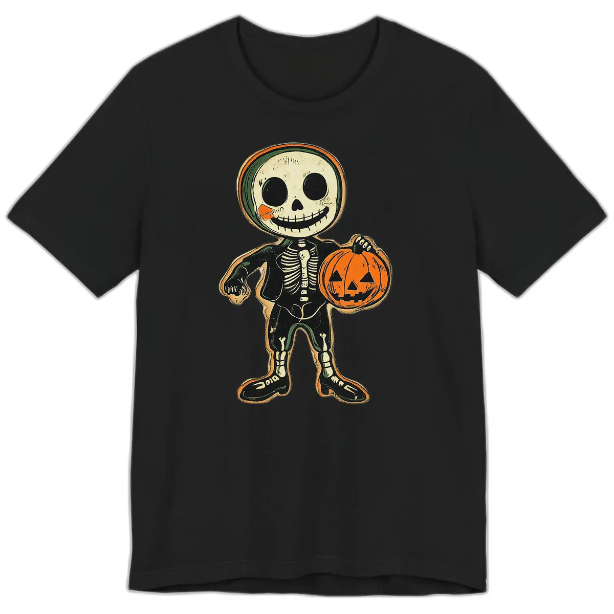 Skeleton Holding Pumpkin Premium T-Shirt in Black