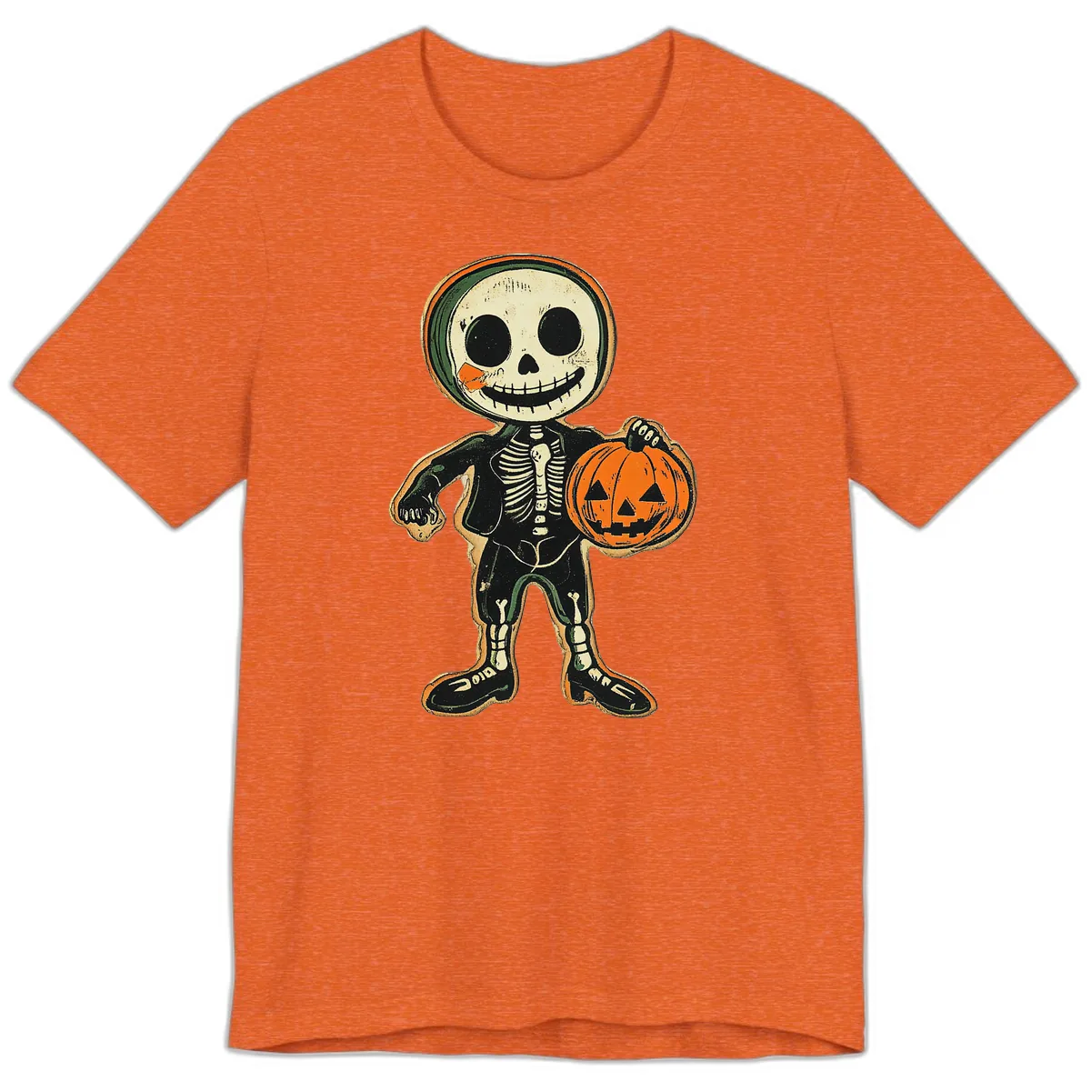 Skeleton Holding Pumpkin Premium T-Shirt in Heather Orange