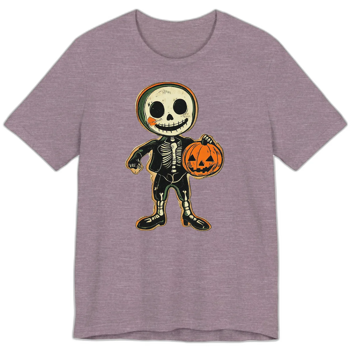 Skeleton Holding Pumpkin Premium T-Shirt in Heather Purple