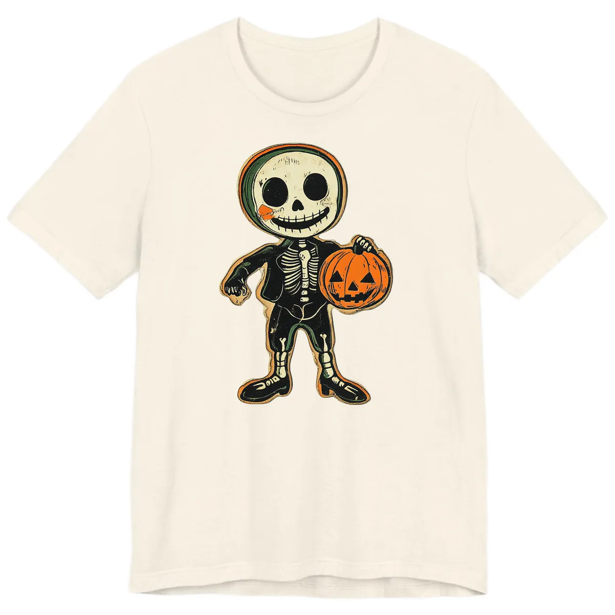 Skeleton Holding Pumpkin Premium T-Shirt in Natural