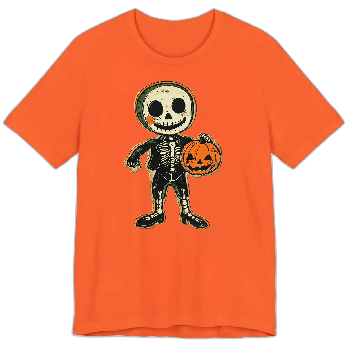 Skeleton Holding Pumpkin Premium T-Shirt in Orange